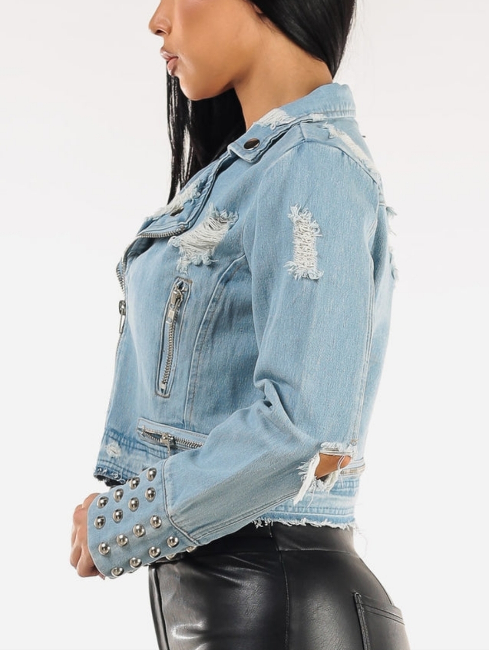 Light Blue Distressed Cropped Denim Jacket with Studded Cuffs. NWT Size Medium - Picture 6 of 16